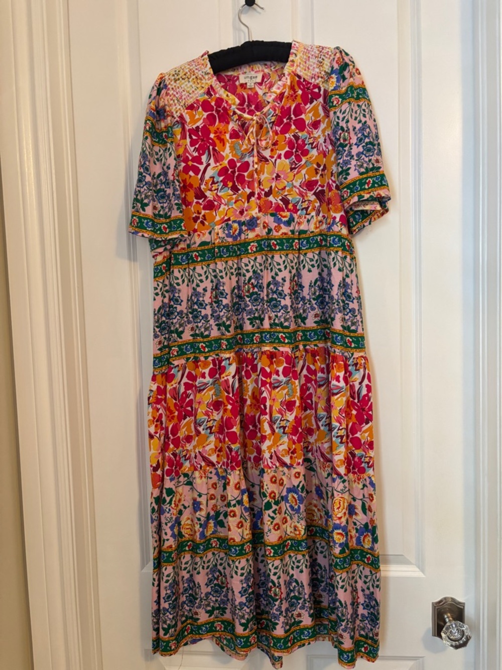 Umgee Pink Floral Tiered Maxi Dress with Green Border. Size M. Poly/Rayon